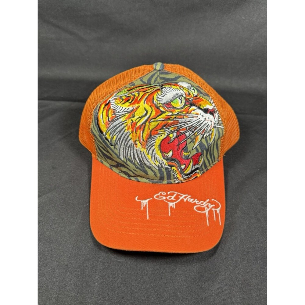 Ed Hardy Screaming Tiger Trucker Snapback Mesh Hat Baseball Cap Orange Y2K